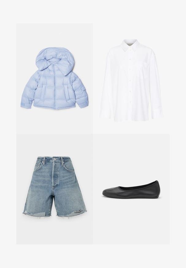 Világoskék puffdzseki nagy kapucnival, cipzáras záródással és steppelt mintázattal. Két elülső zsebbel és rugalmas mandzsettákkal rendelkezik a kényelmes illeszkedés érdekében.; Fehér, hosszú ujjú, galléros ing, amely pamutból készült. Gombos elülső része és egyetlen mellzsebe van. Simított textúra, laza szabás.; Világoskék farmer rövidnadrág magas derekú, rojtos szegéllyel és laza fazonnal. Gombos zárással és klasszikus öt zsebes kialakítással rendelkezik.; Fekete bőr balettcipő lekerekített orral, sima tekstúrával, minimális varrással és rugalmas talp kialakítással.