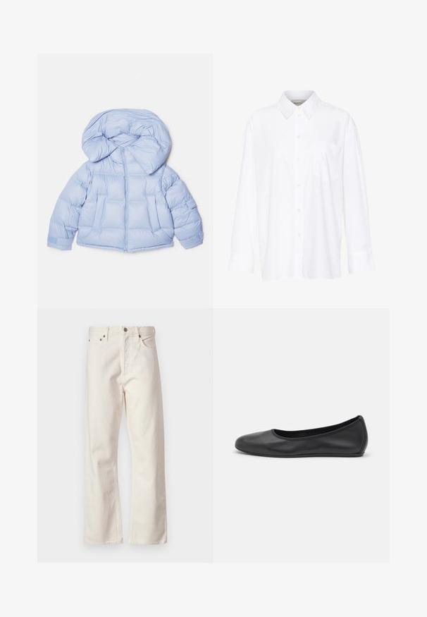 Light blue puffer jacket with a large hood, zip closure, and quilted design. Features two front pockets and elastic cuffs for a snug fit.; White long-sleeve collared shirt made of cotton. Features a button-down front and a single chest pocket. Smooth texture, relaxed fit.; White denim jeans with a straight-leg cut, featuring a classic five-pocket design, metal button closure, and subtle texture.; Black leather ballet flat with a rounded toe, smooth texture, minimal stitching detail, and a flexible sole design.