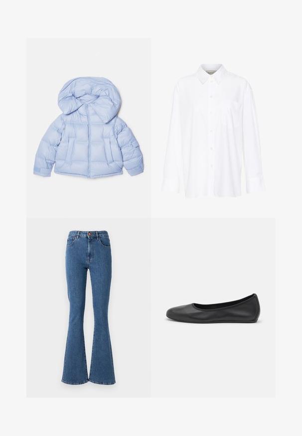 Svijetloplava puffer jakna s velikim kapuljačom, zatvaranjem na patentni zatvarač i kviltanim dizajnom. Sadrži dva prednja džepa i elastične manžete za usko pristajanje.; Bijela košulja dugih rukava s kragnom, izrađena od pamuka. Ima kopčanje s gumbima sprijeda i jednu džep na prsima. Glatka tekstura, ležeran kroj.; Traperice s visokim strukom u plavoj boji i raširenim nogavicama. Imaju pet džepova i prednje zatvaranje na gumb. Ukrasni šavovi duž šavova.; Crne kožne baletanke s zaobljenim vrhom, glatke teksture, minimalnim detaljima šavova i fleksibilnim dizajnom potplata.