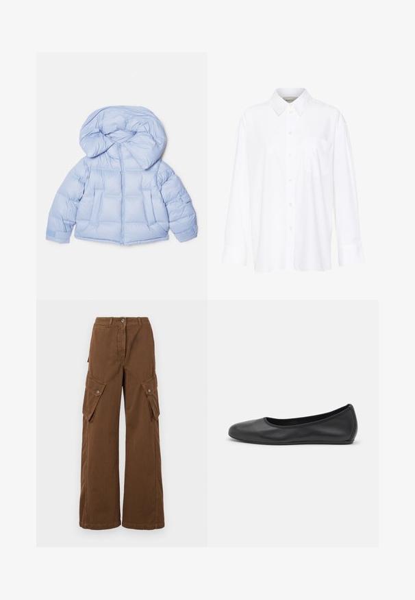 Világoskék puffdzseki nagy kapucnival, cipzáras záródással és steppelt mintázattal. Két elülső zsebbel és rugalmas mandzsettákkal rendelkezik a kényelmes illeszkedés érdekében.; Fehér, hosszú ujjú, galléros ing, amely pamutból készült. Gombos elülső része és egyetlen mellzsebe van. Simított textúra, laza szabás.; WEEKEND MaxMara LUCY HALE ELVY - Oldalzsebes nadrágok - marrone; Fekete bőr balettcipő lekerekített orral, sima tekstúrával, minimális varrással és rugalmas talp kialakítással.