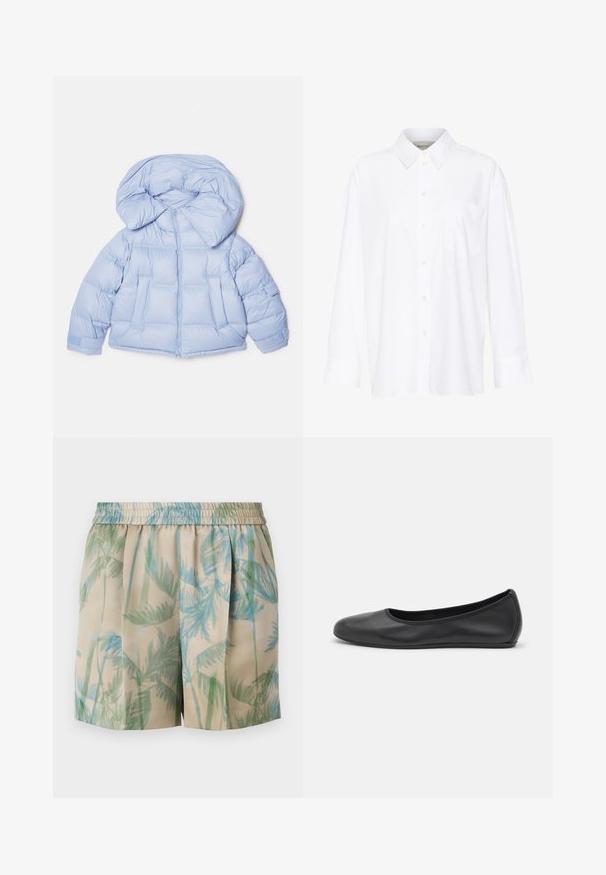 Doudoune bleu clair avec une grande capuche, fermeture éclair et design matelassé. Elle comporte deux poches avant et des poignets élastiques pour un ajustement confortable.; Chemise blanche à manches longues avec col, en coton. Présente un devant à boutons et une poche poitrine unique. Texture lisse, coupe décontractée.; Shorts en tissu léger présentant un fond beige avec des motifs de feuilles de palmier bleues et vertes, une taille élastique et un design plissé.; Ballerines en cuir noir avec un bout rond, texture lisse, détails de couture minimalistes et design de semelle flexible.