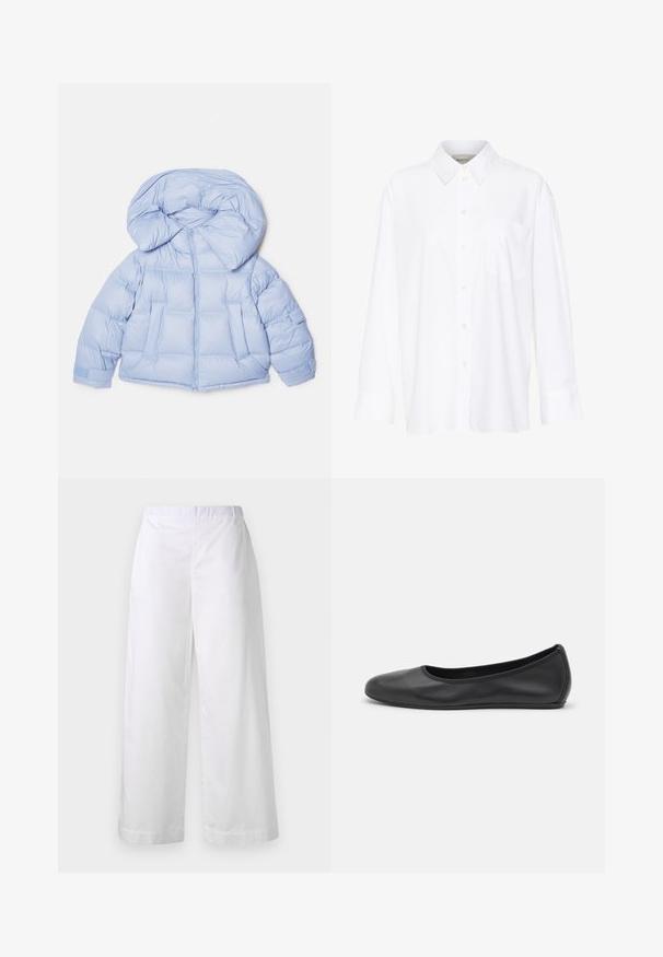 Light blue puffer jacket with a large hood, zip closure, and quilted design. Features two front pockets and elastic cuffs for a snug fit.; White long-sleeve collared shirt made of cotton. Features a button-down front and a single chest pocket. Smooth texture, relaxed fit.; White wide-leg pants made of smooth fabric, featuring an elastic waistband and a clean, minimalist design without additional embellishments.; Black leather ballet flat with a rounded toe, smooth texture, minimal stitching detail, and a flexible sole design.