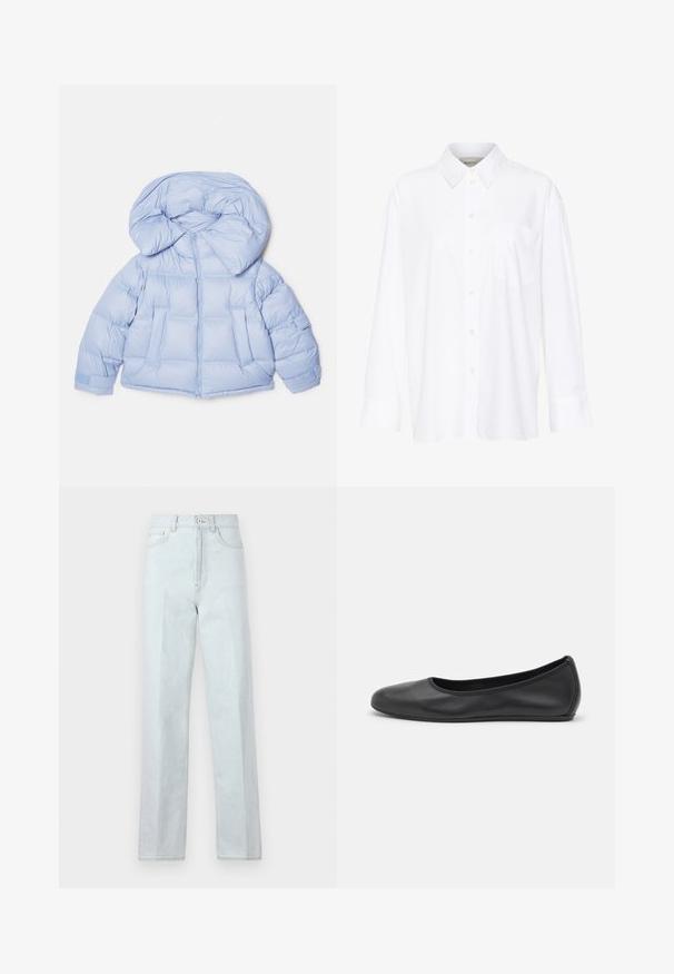 Šviesiai mėlynas pūkinis švarkas su dideliu kapišonu, užtrauktuku ir siuvinėta struktūra. Turintis dvi priekinės kišenes ir elastines rankoves, kad sandariai priglustų.; Balta ilgomis rankovėmis marškiniai su apykakle, pagaminti iš medvilnės. Su mygtukų užsegimu priekyje ir viena krūtinės kišenė. Lygus paviršius, laisvas siluetas.; Šviesiai mėlyni plačių kojų džinsai su aukštu liemeniu, turintys priekinį užtrauktuką, sagčių uždarymą ir klasikinį penkių kišenių dizainą.; Juodai odiniai baletai su apvaliu pirštu, lygi texture, minimalus siuvimo detales ir lanksčiu padų dizainu.
