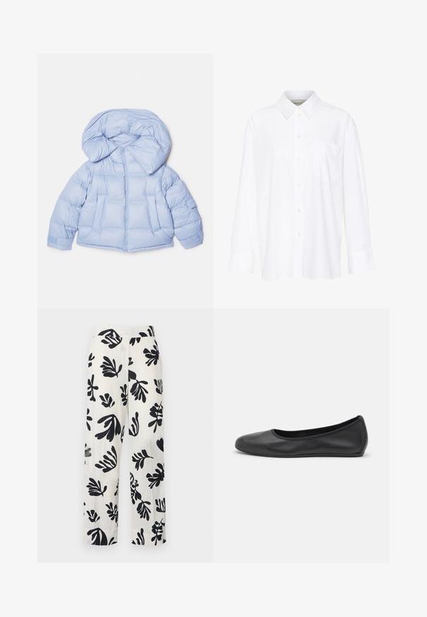 Világoskék puffdzseki nagy kapucnival, cipzáras záródással és steppelt mintázattal. Két elülső zsebbel és rugalmas mandzsettákkal rendelkezik a kényelmes illeszkedés érdekében.; Fehér, hosszú ujjú, galléros ing, amely pamutból készült. Gombos elülső része és egyetlen mellzsebe van. Simított textúra, laza szabás.; Fehér vászon nadrág merész fekete növényi mintával, széles lábbal, laza szabással és varrott pliszékkal az elején.; Fekete bőr balettcipő lekerekített orral, sima tekstúrával, minimális varrással és rugalmas talp kialakítással.