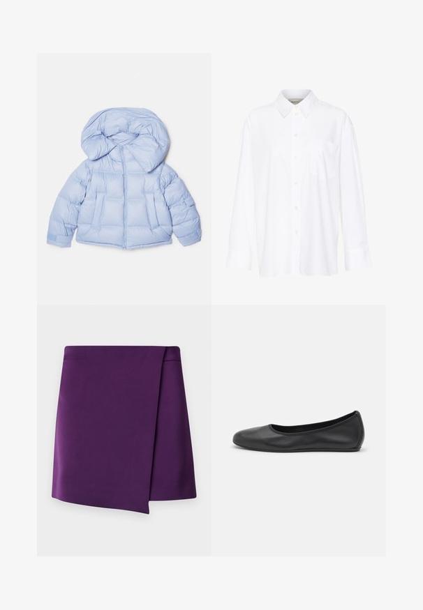 Svijetloplava puffer jakna s velikim kapuljačom, zatvaranjem na patentni zatvarač i kviltanim dizajnom. Sadrži dva prednja džepa i elastične manžete za usko pristajanje.; Bijela košulja dugih rukava s kragnom, izrađena od pamuka. Ima kopčanje s gumbima sprijeda i jednu džep na prsima. Glatka tekstura, ležeran kroj.; Ljubičasta mini suknja glatke teksture, s dijagonalnim preklopnim dizajnom i čistim linijama. Bez vidljivih hardverskih dodataka ili uzoraka.; Crne kožne baletanke s zaobljenim vrhom, glatke teksture, minimalnim detaljima šavova i fleksibilnim dizajnom potplata.