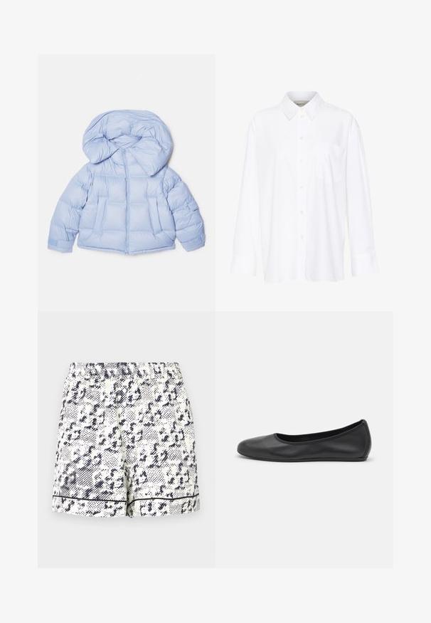 Jachetă puffer albastru deschis, cu o glugă mare, închidere cu fermoar și design matlasat. Dispune de două buzunare frontale și manșete elastice pentru o ajustare perfectă.; Cămașă albă cu mânecă lungă și guler, fabricată din bumbac. Are un închidere cu băta pe față și un singur buzunar pe piept. Textură netedă, croială lejeră.; Shorts albe cu un model abstract negru, talie elastică și margine solidă neagră la tiv. Fabricate dintr-un material ușor.; Balerini din piele neagră, cu vârf rotund, textură netedă, detalii de cusătură minimale și un design al tălpii flexibil.