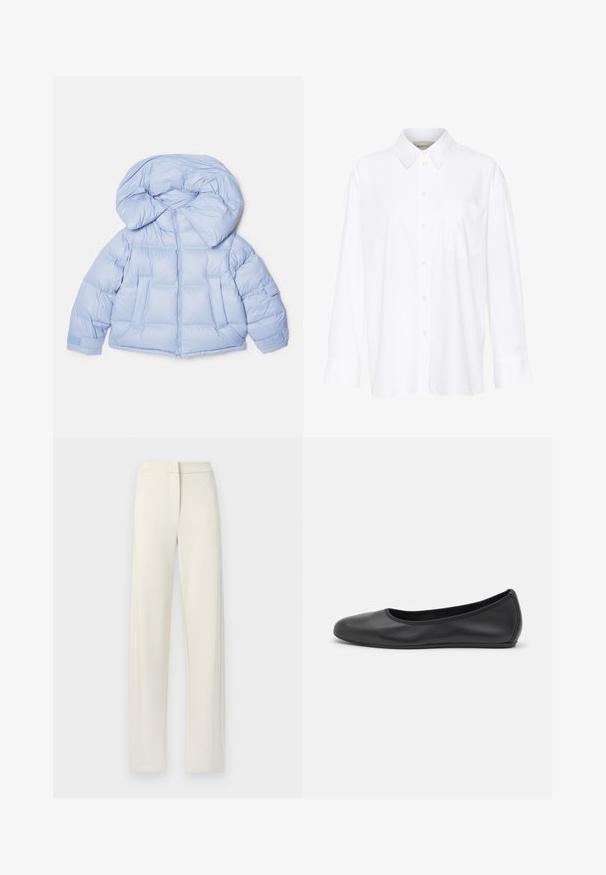 Světle modrá prošívaná bunda s velkou kapucí, zipovým zapínáním a prošívaným designem. Obsahuje dvě přední kapsy a elastické manžety pro těsné uchycení.; Bílá košile s dlouhým rukávem a límečkem vyrobená z bavlny. Má knoflíkovou přední část a jedno kapsičku na prsou. Hladký povrch, volný střih.; Krémové široké kalhoty vyrobené z měkké látky, s plochým vpředu, bočními kapsami a prošitým detailem podél švů.; Černé kožené baletní byty s kulatou špičkou, hladkou texturou, minimálními švy a flexibilním designem podrážky.