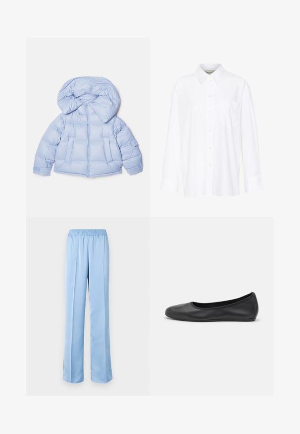 Lichtblauwe gewatteerde jas met een grote capuchon, ritssluiting en een doorgestikt ontwerp. Beschikt over twee voorzakken en elastische manchetten voor een goede pasvorm.; Witte lange mouwen overhemd met kraag van katoen. Voorzien van een knoopsluiting aan de voorkant en een enkele borstzak. Een gladde textuur en een ontspannen pasvorm.; Lichtblauwe, wijde broek met een elastische tailleband. Glad textuur, eenvoudig design en licht uitlopende zoom met zijsplitten aan de onderkant.; Zwarte leren ballerina met een ronde neus, gladde textuur, minimale stikdetails en een flexibele zoolontwerp.