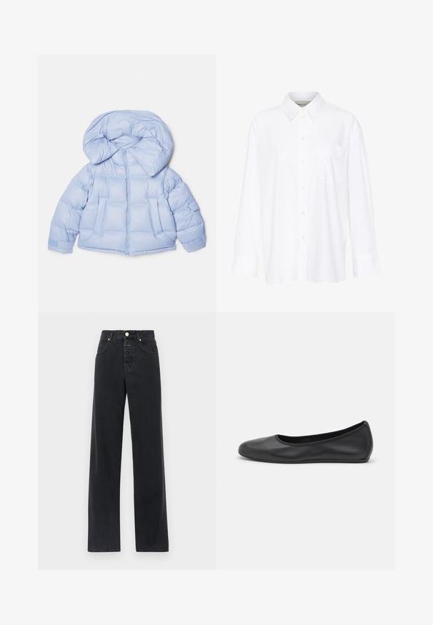 Hele sinine puffjakiga, millel on suur kapuuts, tõmblukk ja tikandiga disain. Omab kahte esist taskut ja elastseid mansette mugava istuvuse tagamiseks.; Valge pika käisega krae särg, mis on valmistatud puuvillast. Omab nööbipaneeli esiosa ja ühte rinna taskut. Sujuv tekstuur, vabalt lõigatud.; Mustad denim püksid kõrge vöökoht, sirge sääre lõige, viie tasku disain, nähtav õmblus ja metallist nööbiga sulgemine.; Musthave mustika tantsutossud mustast nahast, ümmarguse varbaga, siledast tekstuurist, minimaalse õmblusdetailiga ja paindliku tallakujundusega.