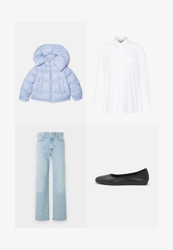 Jasnoniebieska kurtka puchowa z dużym kapturem, zapinana na zamek, o pikowanym designie. Posiada dwie przednie kieszenie oraz elastyczne mankiety dla lepszego dopasowania.; Biała, długosleeve'owa koszula z kołnierzykiem, wykonana z bawełny. Posiada zapięcie na guziki z przodu oraz jedną kieszeń na piersi. Gładka tekstura, luźny krój.; Jasnoniebieskie dżinsy o prostym kroju, z zapięciem na guzik, pięcioma kieszeniami i subtelnym wyblaskiem materiału.; Czarne skórzane baletki z zaokrąglonym noskiem, gładką fakturą, minimalnymi przeszyciami i elastycznym designem podeszwy.