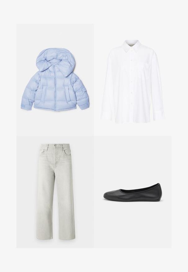 Svetlo modrá zateplená bunda s veľkou kapucňou, zipsovým zapínaním a prešívaným dizajnom. Obsahuje dve predné vrecká a elastické manžety pre pohodlné nosenie.; Biela košeľa s dlhým rukávom a golierom vyrobená z bavlny. Má zapínanie na gombíky vpredu a jednu náprsníku vrecko. Hladká textúra, voľný strih.; Svetlo šedé široké džínsy vyrobené z denimu, s vysokým pásom, prednými vreckami a zapínaním na gombík a zips.; Čierne kožené baleríny s okrúhlou špičkou, hladkým povrchom, minimálnym prešívaním a flexibilným dizajnom podrážky.