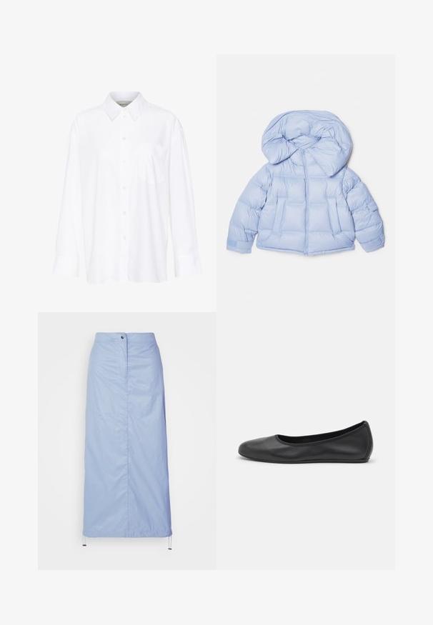 Light blue puffer jacket with a large hood, zip closure, and quilted design. Features two front pockets and elastic cuffs for a snug fit.; White long-sleeve collared shirt made of cotton. Features a button-down front and a single chest pocket. Smooth texture, relaxed fit.; Light blue, mid-length skirt made of smooth, lightweight material with a straight cut, features a front button closure and drawstring hem.; Black leather ballet flat with a rounded toe, smooth texture, minimal stitching detail, and a flexible sole design.