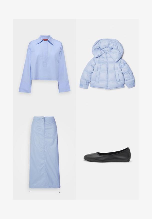 Light blue puffer jacket with a large hood, zip closure, and quilted design. Features two front pockets and elastic cuffs for a snug fit.; MAX&Co. DARIO - Blouse - azurblau; Light blue, mid-length skirt made of smooth, lightweight material with a straight cut, features a front button closure and drawstring hem.; Black leather ballet flat with a rounded toe, smooth texture, minimal stitching detail, and a flexible sole design.
