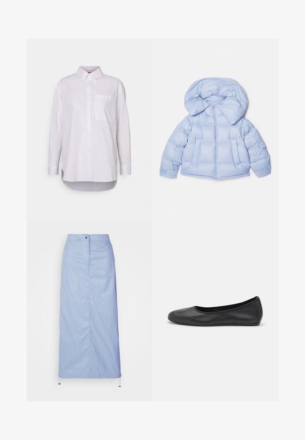 Helleblaue Steppjacke mit großer Kapuze, Reißverschluss und gesteppter Optik. Verfügt über zwei Fronttaschen und elastische Bündchen für eine bequeme Passform.; MAX&Co. BARI - Hemdbluse - weiss; Helleblaue Midilänge-Rock aus glattem, leichtem Material mit geradem Schnitt, verfügt über eine Knopfverschluss vorne und einen Kordelzugsaum.; Schwarze Leder-Ballettschuhe mit abgerundeter Spitze, glatter Textur, minimalen Nähdetails und einem flexiblen Sohlen-Design.