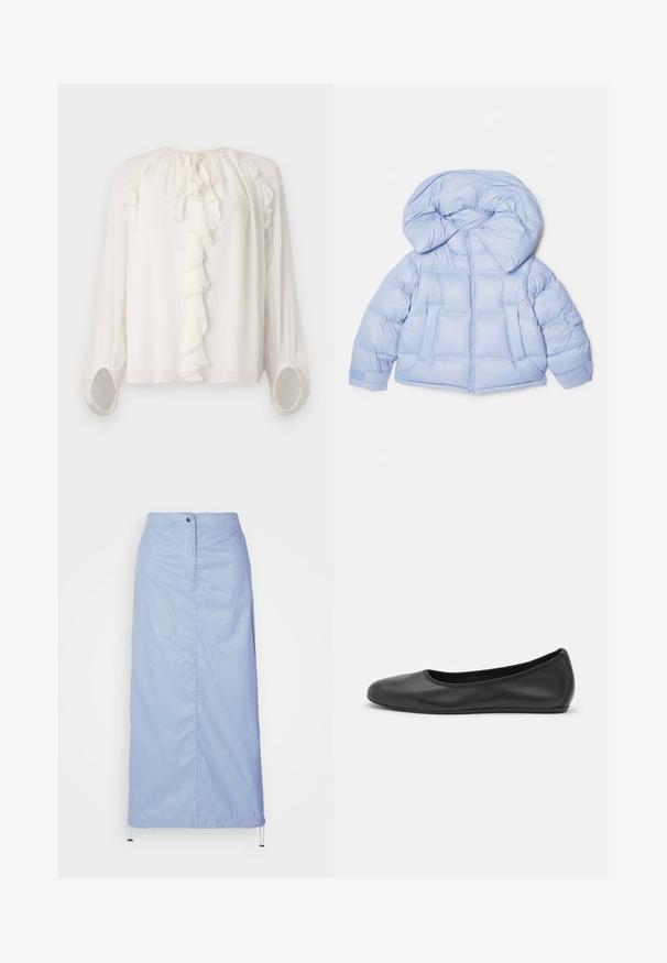 Giacca puffer azzurro chiaro con un ampio cappuccio, chiusura con zip e design trapuntato. Presenta due tasche anteriori e polsini elasticizzati per una vestibilità aderente.; Blusa bianca a maniche lunghe con scollo e polsini arricciati. Tessuto morbido e leggero con dettagli gathered sulle spalle e sulle maniche.; Gonna blu chiaro, di lunghezza media, realizzata in materiale liscio e leggero con taglio dritto, dotata di chiusura con bottoni frontali e orlo con cordoncino.; Pantofole da balletto nere in pelle con punta arrotondata, texture liscia, dettagli di cucitura minimi e design con suola flessibile.