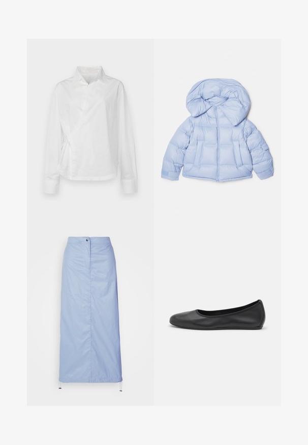 Light blue puffer jacket with a large hood, zip closure, and quilted design. Features two front pockets and elastic cuffs for a snug fit.; Faithfull the brand ALLISTE OVERSIZED FIT WRAP - Blouse - white; Light blue, mid-length skirt made of smooth, lightweight material with a straight cut, features a front button closure and drawstring hem.; Black leather ballet flat with a rounded toe, smooth texture, minimal stitching detail, and a flexible sole design.