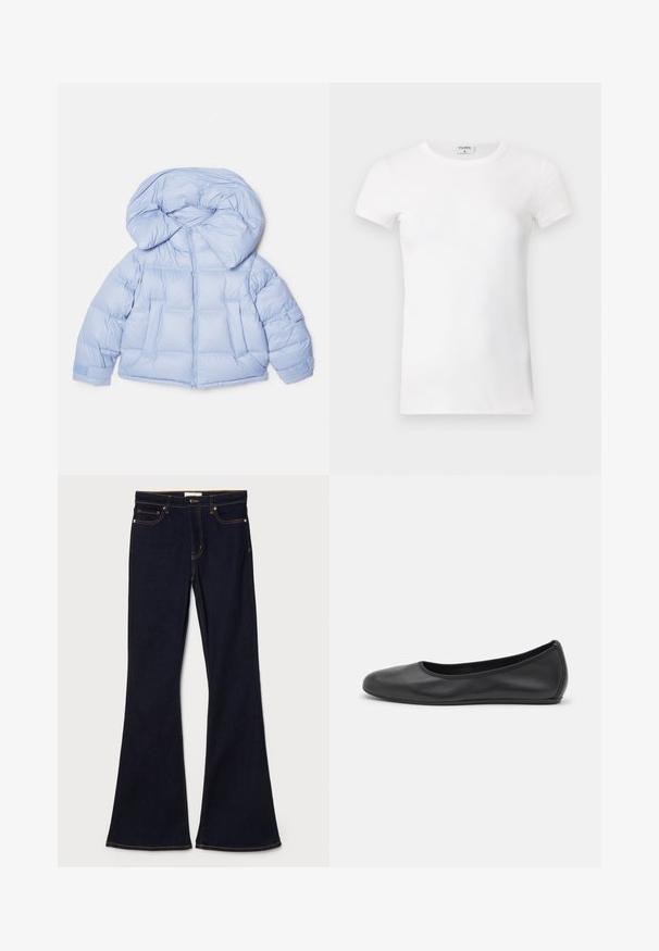 Lichtblauwe gewatteerde jas met een grote capuchon, ritssluiting en een doorgestikt ontwerp. Beschikt over twee voorzakken en elastische manchetten voor een goede pasvorm.; Wit geribd T-shirt met korte mouwen en een ronde hals. De stof lijkt glad met een getailleerde pasvorm. Logo zichtbaar op de kraag.; Donkerblauwe flare jeans van denim, met gele stiksels, voorzakken en een standaard tailleband met knoopsluiting.; Zwarte leren ballerina met een ronde neus, gladde textuur, minimale stikdetails en een flexibele zoolontwerp.