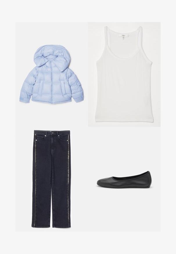 Világoskék puffdzseki nagy kapucnival, cipzáras záródással és steppelt mintázattal. Két elülső zsebbel és rugalmas mandzsettákkal rendelkezik a kényelmes illeszkedés érdekében.; Fehér ujjatlan topp, puha, bordázott szövetből; vékony pántokkal és kerek nyakkivágással rendelkezik, a címke szerint "FRAME."; Sötét farmernadrág, egyenes szárú szabással, az oldalsó varratok mentén fémes szegecsekkel, amelyek jellegzetes kiegészítést adnak.; Fekete bőr balettcipő lekerekített orral, sima tekstúrával, minimális varrással és rugalmas talp kialakítással.