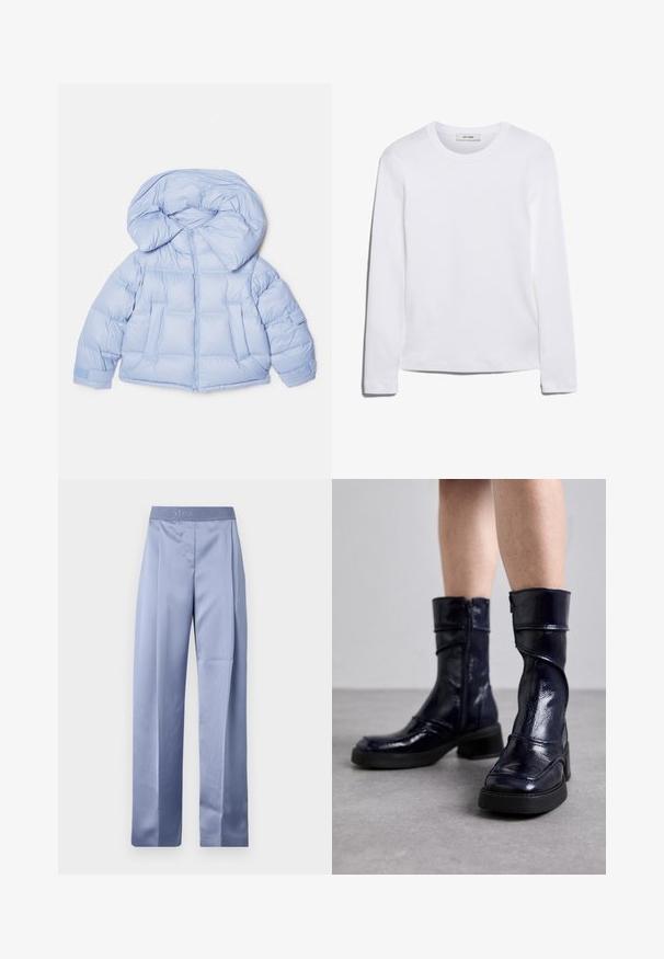 Světle modrá prošívaná bunda s velkou kapucí, zipovým zapínáním a prošívaným designem. Obsahuje dvě přední kapsy a elastické manžety pro těsné uchycení.; Bílé tričko s dlouhým rukávem vyrobené z žebrované bavlny, s kulatým výstřihem a rovnými lemy. Jednoduchý design bez vzorů nebo akcentů.; Světle modré saténové kalhoty širokého střihu s hladkou strukturou, s prošitým pasem, na němž je vytištěno jméno značky "STINE GOYA."; MIISTA MALENE - Kozačky na platformě - dark blue