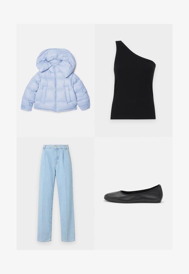 Svetlo modra puhovka z velikim kapuco, zadrgo in prešitim dizajnom. Ima dve sprednji žepi in elastične manšete za udobno prileganje.; Črna rebrasta majica na enem ramenu s prilegajočim dizajnom in mehkobo. Ima čist, minimalen kroj in gladek izrez.; Svijetloplave traperice s visokim strukom, ravnim nogavicama, nabranim dijelom sprijeda i zatvaranjem na zip te jednim gumbom.; Črne usnjene balerinke z zaobljenim nosom, gladko teksturo, minimalnimi šivi in fleksibilno zasnovo podplata.