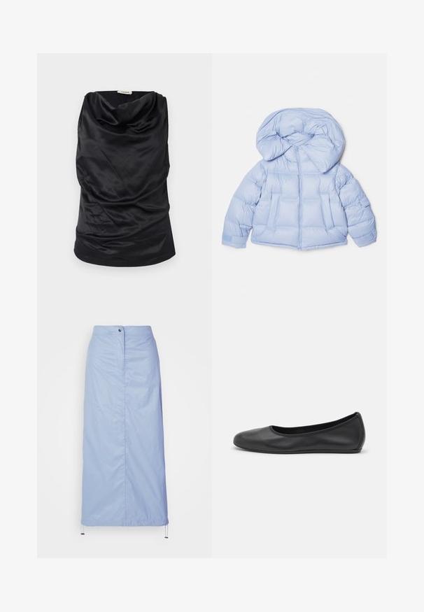 Casaco puffer azul claro com capuz grande, fecho de zip e design acolchoado. Apresenta dois bolsos frontais e punhos elásticos para um ajuste confortável.; Top preto com gola drapeada, feito de tecido suave, com um design drapeado, textura macia e silhueta ajustada. Acabamento sem costura ao longo da barra.; Camisa branca de manga longa com colarinho feita de algodão. Apresenta uma parte frontal com botões e um único bolso no peito. Textura suave, corte descontraído.; Saia azul clara, de comprimento médio, feita de material suave e leve com corte reto, apresenta um fecho frontal com botões e bainha ajustável.; Bailarina preta em pele com bico arredondado, textura suave, detalhe de costura minimalista e design de sola flexível.