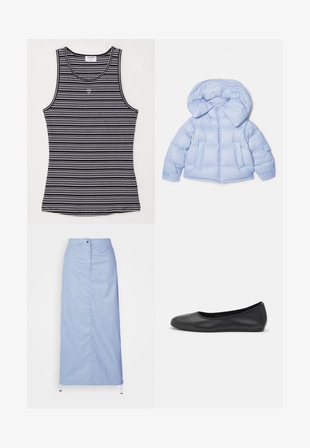 Hele sinine puffjakiga, millel on suur kapuuts, tõmblukk ja tikandiga disain. Omab kahte esist taskut ja elastseid mansette mugava istuvuse tagamiseks.; Mustvalge triibuline t-särk pehmest kangast, ümmarguse kaelusega ja väikese logoga esi keskosas.; Hele sinise, keskmise pikkusega seelik, mis on valmistatud siledast, kergest materjalist ja millel on sirge lõige. Seelikul on eesnuppude sulgemine ja tõmbluku äär.; Musthave mustika tantsutossud mustast nahast, ümmarguse varbaga, siledast tekstuurist, minimaalse õmblusdetailiga ja paindliku tallakujundusega.