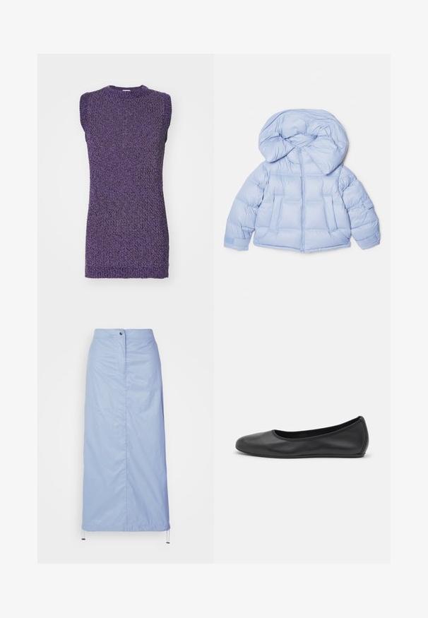 Hele sinine puffjakiga, millel on suur kapuuts, tõmblukk ja tikandiga disain. Omab kahte esist taskut ja elastseid mansette mugava istuvuse tagamiseks.; Lilla ilma varrukat särk, millel on tekstureeritud kudumismuster ja ümardatud kaelus. Kude näeb välja pehme ja veidi elastne.; Hele sinise, keskmise pikkusega seelik, mis on valmistatud siledast, kergest materjalist ja millel on sirge lõige. Seelikul on eesnuppude sulgemine ja tõmbluku äär.; Musthave mustika tantsutossud mustast nahast, ümmarguse varbaga, siledast tekstuurist, minimaalse õmblusdetailiga ja paindliku tallakujundusega.