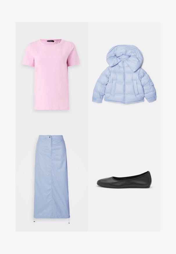 Giacca puffer azzurro chiaro con un ampio cappuccio, chiusura con zip e design trapuntato. Presenta due tasche anteriori e polsini elasticizzati per una vestibilità aderente.; T-shirt corta in cotone rosa con scollatura rotonda e maniche corte, caratterizzata da una texture liscia e un design semplice senza motivi visibili.; Gonna blu chiaro, di lunghezza media, realizzata in materiale liscio e leggero con taglio dritto, dotata di chiusura con bottoni frontali e orlo con cordoncino.; Pantofole da balletto nere in pelle con punta arrotondata, texture liscia, dettagli di cucitura minimi e design con suola flessibile.