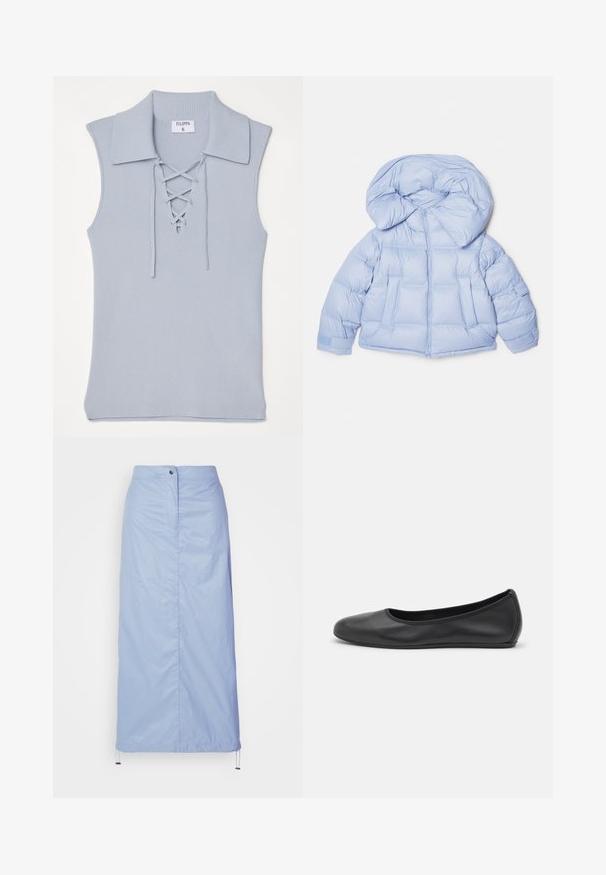 Valkoinen puhallusjakku, jossa on suuri huppu, vetoketjukiinnitys ja tikattu muotoilu. Sisältää kaksi etutaskua ja joustavat hihansuut tiivistä istuvuutta varten.; Filippa K LACED COLLAR - Toppi - ice blue; Vaaleansininen, keskipitkä hame, joka on valmistettu sileästä, kevyestä materiaalista ja jossa on suora malli. Hameessa on etupainikekiinnitys ja nyörihelma.; Musta nahkainen ballerina, jossa on pyöristetty kärki, sileä pinta, minimaalinen ommelkoristelu ja joustava pohjamuotoilu.