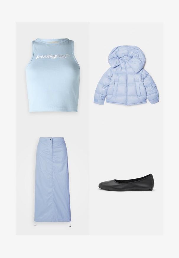 Helleblaue Steppjacke mit großer Kapuze, Reißverschluss und gesteppter Optik. Verfügt über zwei Fronttaschen und elastische Bündchen für eine bequeme Passform.; Helles blaues geripptes Crop-Top mit rundem Ausschnitt und ärmellosem Design. Verfügt über weißen bestickten Text auf der Vorderseite.; Helleblaue Midilänge-Rock aus glattem, leichtem Material mit geradem Schnitt, verfügt über eine Knopfverschluss vorne und einen Kordelzugsaum.; Schwarze Leder-Ballettschuhe mit abgerundeter Spitze, glatter Textur, minimalen Nähdetails und einem flexiblen Sohlen-Design.