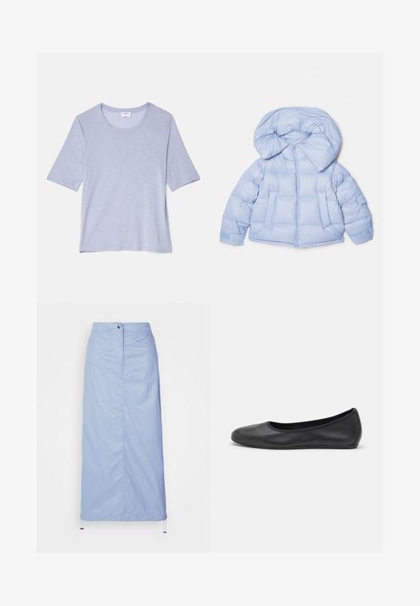 Jasnoniebieska kurtka puchowa z dużym kapturem, zapinana na zamek, o pikowanym designie. Posiada dwie przednie kieszenie oraz elastyczne mankiety dla lepszego dopasowania.; Jasnoniebieska koszulka z krótkim rękawem, okrągłym dekoltem, wykonana z miękkiego materiału, o luźnym kroju i gładkiej, subtelnej fakturze.; Jasnoniebieska, średniej długości spódnica wykonana z gładkiego, lekkiego materiału, o prostym kroju, z zapięciem na guzik z przodu i ściągaczem na dole.; Czarne skórzane baletki z zaokrąglonym noskiem, gładką fakturą, minimalnymi przeszyciami i elastycznym designem podeszwy.