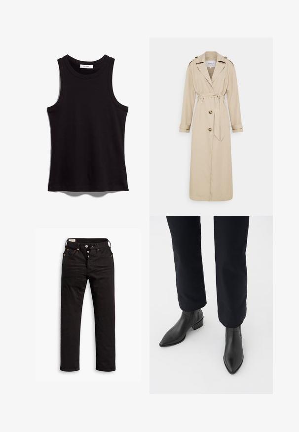 Beige trench coat, övvel a derékon, hosszú ujjal és dupla elülső gombbal. Vállpántokkal rendelkezik a vállakon és egyenes szegéllyel.; Fekete V nyakú pulóver puha anyagból, hosszú ujjaival, bordás aljjal és mandzsettákkal, egyszerű és klasszikus dizájnnal.; Fekete ujjatlan póló bordázott anyagból. Kerek nyakkivágással és széles karokkal rendelkezik. Egyenes szegély, varrott részletekkel. Egyszerű dizájn.; Fekete, egyenes szárú farmernadrág gombos záródással, elülső és hátsó zsebekkel, valamint réz szegecs részletekkel fehér háttéren.; Fekete bőr bokacsizma hegyes orral, tömbsarkúval és texturált oldalsó panelekkel, sötét nadrággal viselve, fehér háttér előtt.