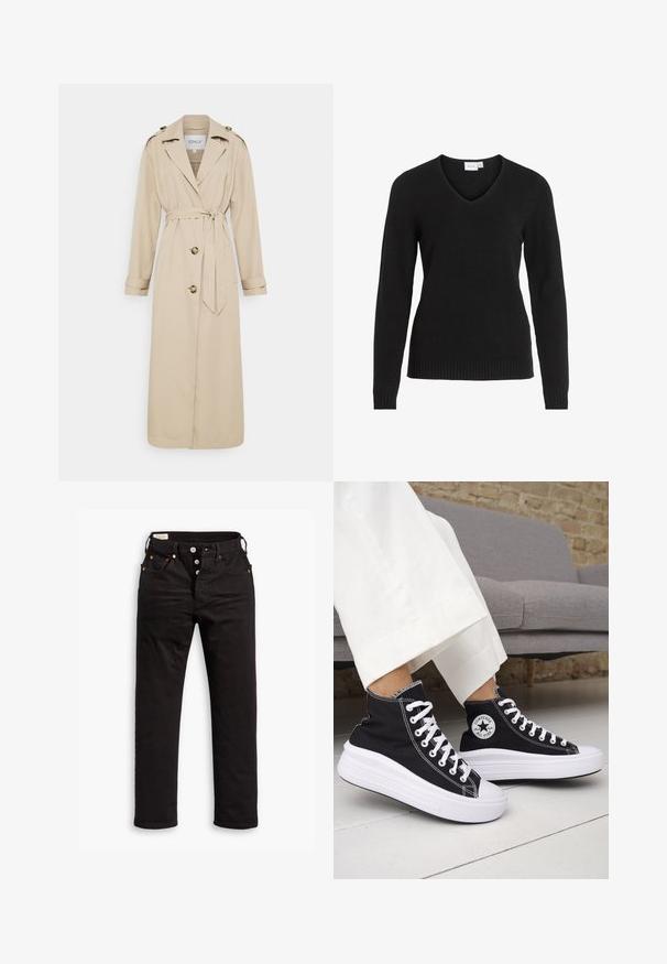 Bež trench coat vööga, pikkade varrukatega ja topeltesipainetega. Ning õlgadel on epauletid ja sirge ääreline.; Must have mustra, pehmeko kootud must V-kaelusega sviiter, millel on pikad varrukad, soonikust ääred ja lihtne ning klassikaline disain.; Mustad sirgedega teksapüksid nupuga, ees- ja tagataskud ning vaskrivetid valgel taustal.; Mustad kõrge säärega tossud valgete kummist tallade ja paeltega. Omad ümmargust logomärki ja kontrastset valget õmblust. Materjaliks lõuend.