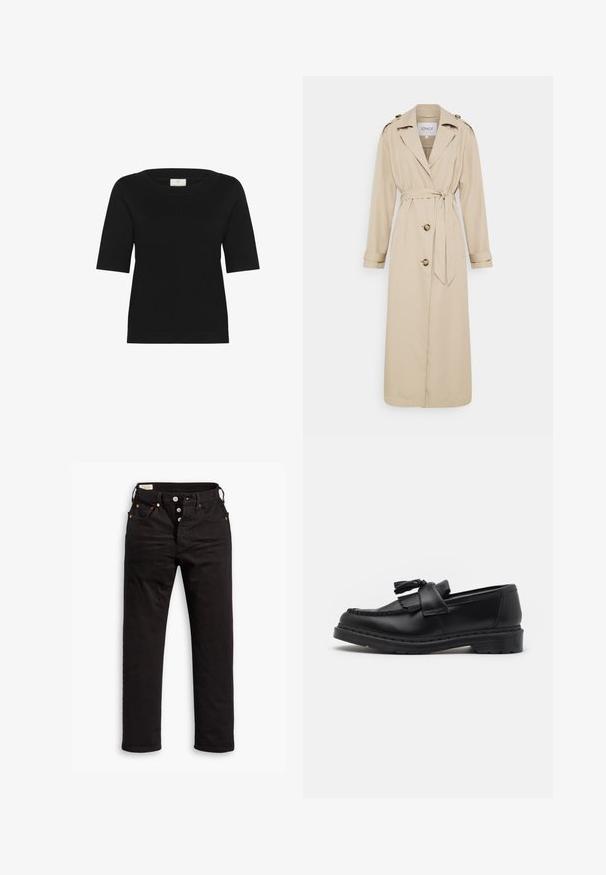 Beige Trenchcoat mit tailliertem Gürtel, langen Ärmeln und doppelten Vorderknöpfen. Verfügt über Schulterklappen und einen geraden Saum.; Schwarzes Strickoberteil mit kurzen Ärmeln, weit geschnittenem Bootsausschnitt, geripptem Textur und geradem Saum. Hergestellt aus weichem, atmungsaktivem Stoff.; Schwarze Straight-Leg-Jeans mit Knopfverschluss, Vorder- und Gesäßtaschen sowie Kupfennieten auf einem weißen Hintergrund.; Schwarze Lederloafer mit einer Quastenverzierung, gestickten Details entlang der Kante und einer dicken Gummisohle für Langlebigkeit.