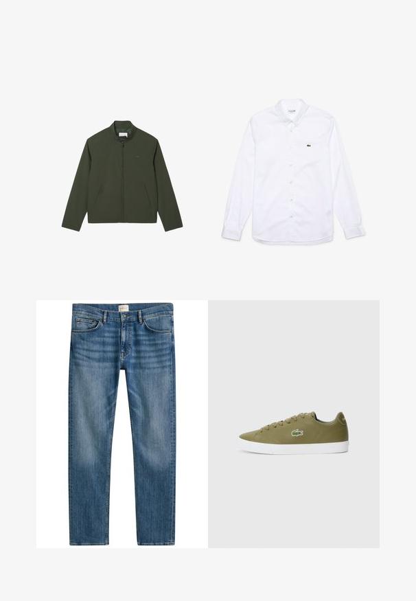Veste légère verte avec fermeture éclair, col montant et deux poches latérales. Texture lisse avec un design minimaliste.; Chemise blanche à manches longues en tissu coton. Dotée d'un col évasé, d'une fermeture à boutons sur le devant et d'un petit logo vert sur la poitrine gauche.; Jeans en denim bleu à coupe droite, featuring cinq poches, une fermeture à bouton et un léger dégradé sur le tissu pour ajouter de la texture.; Baskets vert olive en matériau lisse, semelle en caoutchouc blanc et logo de crocodile Lacoste brodé sur le côté.