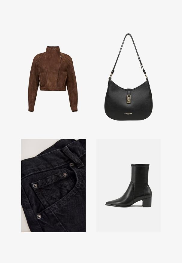 Giacca cropped in suede marrone con colletto alto, dettaglio di chiusura asimmetrica e cuciture decorative per una struttura definita.; Maglione a collo alto nero con maniche lunghe, realizzato in un tessuto a maglia liscia. Presenta un corpetto attillato e polsini e orlo a costine.; Pantaloni di denim nero con vita alta, dotati di una piccola tasca frontale, dettagli in metallo e una superficie in tessuto strutturato.; Stivale alla caviglia nero in pelle liscia, con punta appuntita, tacco a blocco e cuciture raccolte distintive lungo il bordo superiore.; Borsa a tracolla in pelle nera con un design curvo, dotata di una chiusura in metallo dorato e logo in rilievo sulla parte anteriore. Superficie testurizzata.