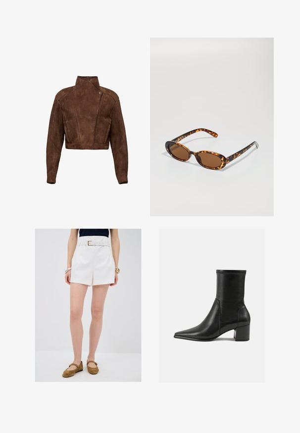 Giacca cropped in suede marrone con colletto alto, dettaglio di chiusura asimmetrica e cuciture decorative per una struttura definita.; Maglione a collo alto nero con maniche lunghe, realizzato in un tessuto a maglia liscia. Presenta un corpetto attillato e polsini e orlo a costine.; Pantaloni corti bianchi su misura con cintura, dotata di una fibbia dorata, abbinati a scarpe basse in suède marroni. Texture liscia e linee pulite.; Stivale alla caviglia nero in pelle liscia, con punta appuntita, tacco a blocco e cuciture raccolte distintive lungo il bordo superiore.; Occhiali da sole tartaruga con montatura ovale, lenti marroni e astine nere sottili con accenti di pattern discreti.; Borsa a tracolla in pelle nera con un design curvo, dotata di una chiusura in metallo dorato e logo in rilievo sulla parte anteriore. Superficie testurizzata.