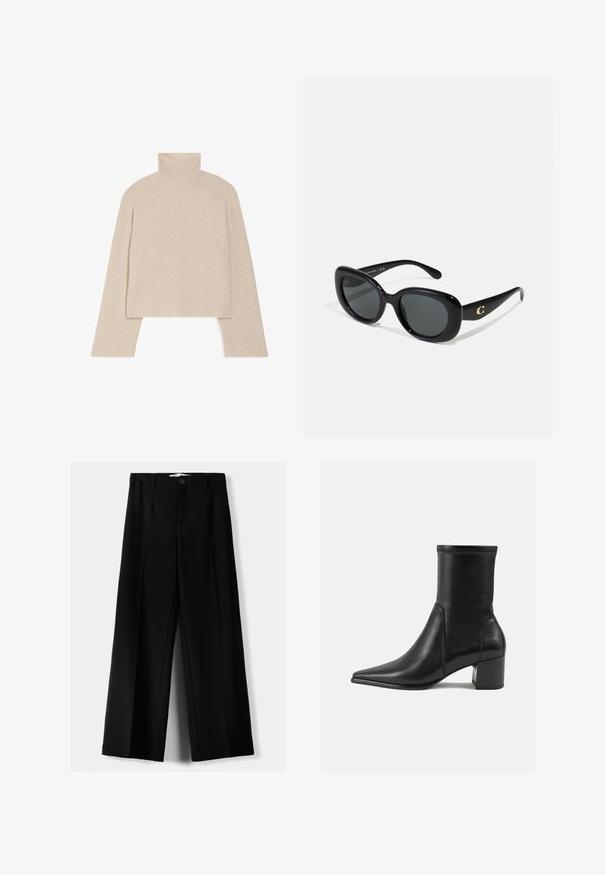 Brązowa skórzana kurtka z krótkim krojem, z wysokim kołnierzem, asymetrycznym zapięciem i akcentami szwów dla struktury.; Beżowy sweter z golfem o prążkowanej strukturze, z długimi rękawami i dopasowanym krojem, z wysokim kołnierzem i teksturowanym wzorem dzianiny.; Czarne spodnie szerokie, wykonane z lekkiego materiału, z zapięciem na guzik z przodu i gładkim przodem, z starannie wykończonymi brzegami.; Czarny botek za kostkę wykonany z gładkiej skóry, z szpiczastym noskiem, słupkowym obcasem oraz wyraźnym podniesionym szwem na górnej krawędzi.; Czarne okulary przeciwsłoneczne z okrągłymi soczewkami, błyszcząca plastikowa oprawka i złoty akcent logo na zausznikach. Ciemne soczewki zapewniają ochronę przed promieniowaniem UV.