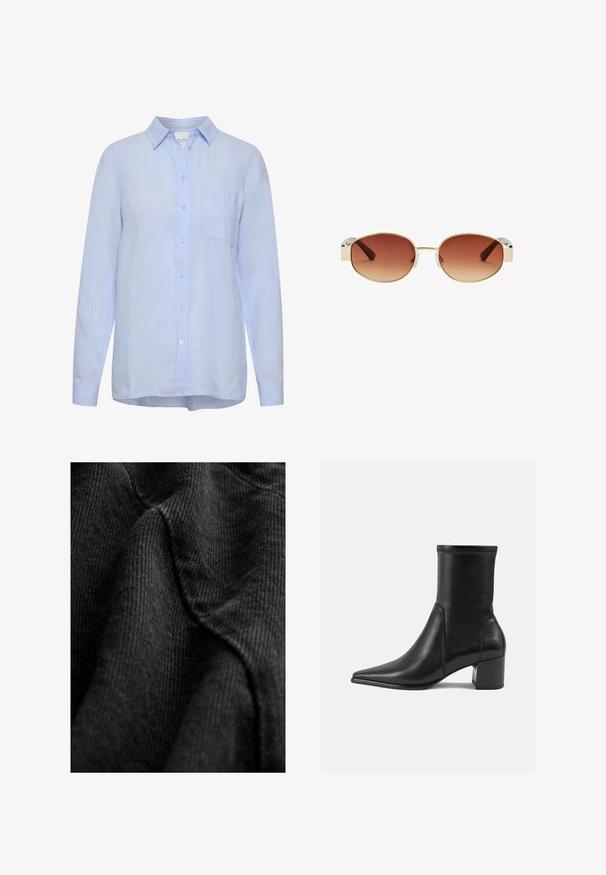 Veste courte en daim marron avec un col montant, un détail de fermeture asymétrique et des coutures accentuées pour la structure.; Chemise en lin bleu clair avec col, manches longues, fermeture à boutons sur le devant et une poche poitrine. Texture douce, coupe décontractée.; Tissu noir texturé avec un motif tissé, montrant des lignes douces et lisses ainsi qu'un léger éclat, drapé pour mettre en valeur les contours et la profondeur.; Bottine noire en cuir lisse, avec un bout pointu, un talon carré et des coutures surélevées distinctes au bord supérieur.; Des lunettes de soleil rondes avec une monture en métal doré, des verres dégradés bruns, des accents en plastique transparent sur les côtés et des branches à motif brun.; Sac à main en cuir noir avec un design courbé, dotée d'un fermoir en métal doré et d'un logo en relief à l'avant. Surface texturée.