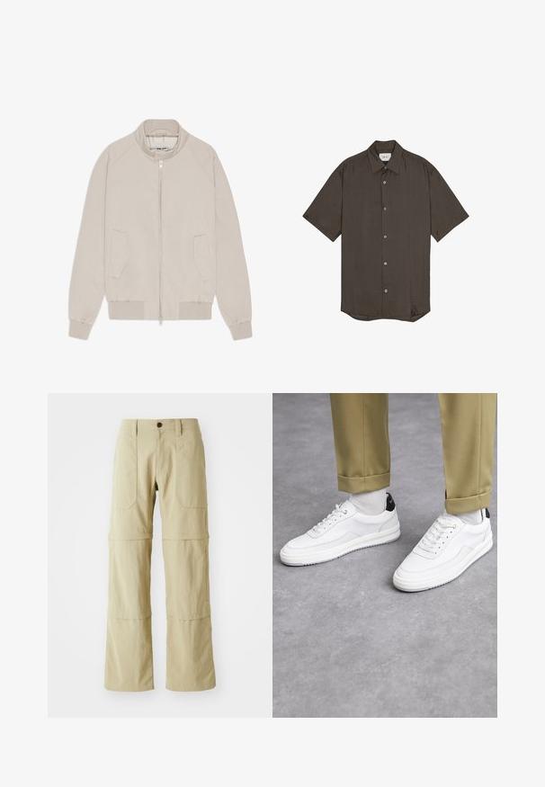 Beige bomberjack met ritssluiting, geribbelde manchetten en zoom, en twee zijzakken. Glad materiaal met een minimalistisch ontwerp.; Korte mouwen overhemd met knopen van donkerbruin materiaal met een zachte textuur. Heeft een klassieke kraag en vijf knopen aan de voorkant.; Beige cargobroek met een rechte pijp, twee voorkruiken en een ritssluiting aan de onderkant voor verstelbare lengte. Gemaakt van lichtgewicht stof.; Witte sneakers met een textuur van leerafwerkingen, een ronde neus en een zwarte hielaccent. Rubberen zool met een klein profiel en gestikte details.