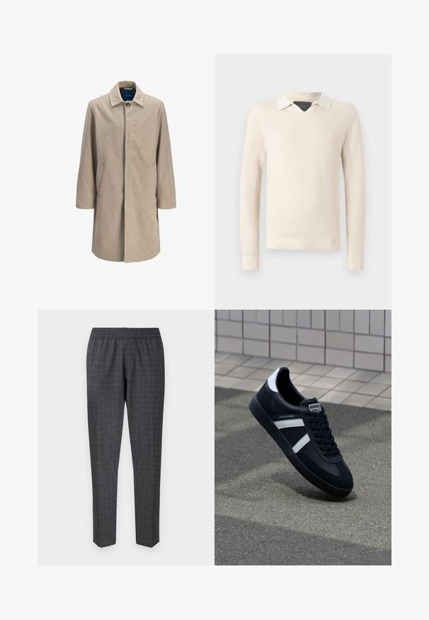 Beige wollenblend jas met een rechte snit, sluiting met haak, puntige kraag, twee zijzakken en een minimalistisch ontwerp zonder patronen.; Gebreide pullover in lichtbeige, met een contrasterende witte kraag, een textuurpatroon en geribbelde manchetten en onderkant.; Grijze geruite broek met een elastische tailleband en taps toelopende pijpen, gemaakt van een geweven stof met een subtiel patroon.; Zwarte leren sneaker met witte strepen, een gestructureerde rubberen zool en vetersluiting aan de voorkant. Voorzien van een merklabel op de tong.