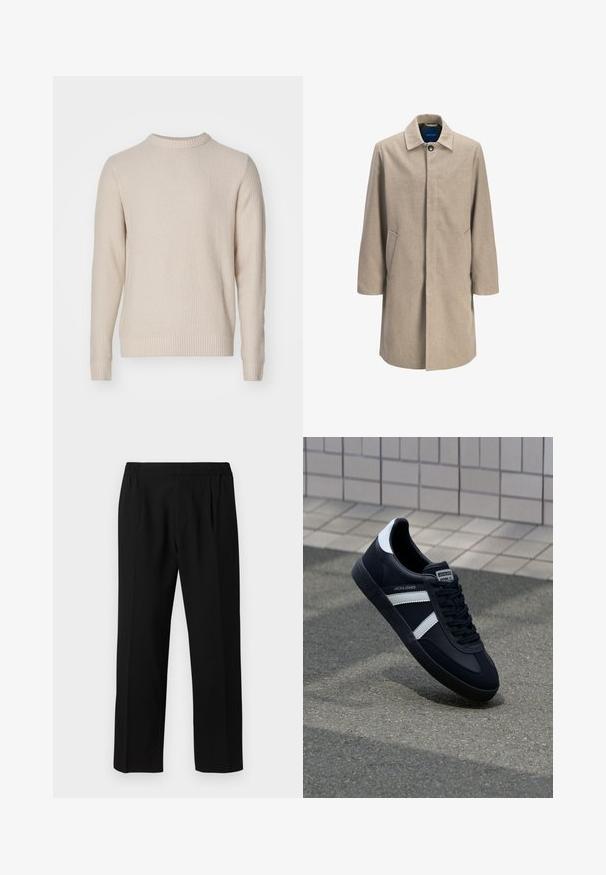 Beige wollenblend jas met een rechte snit, sluiting met haak, puntige kraag, twee zijzakken en een minimalistisch ontwerp zonder patronen.; Gebreide trui in lichtbeige met een gestructureerd patroon, ronde halslijn, geribbelde manchetten en zoom, vervaardigd uit een zachte, warme stof.; Zwarte broeken van een gladde stof, met een elastische tailleband, recht model en twee plooien aan de voorkant voor extra detail.; Zwarte leren sneaker met witte strepen, een gestructureerde rubberen zool en vetersluiting aan de voorkant. Voorzien van een merklabel op de tong.