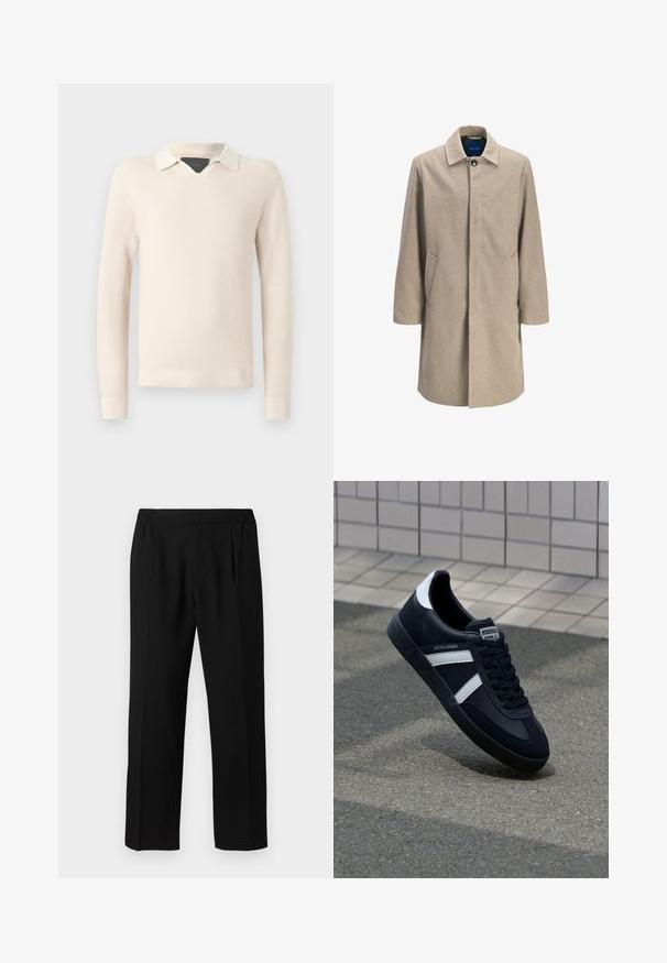 Beige Wollmischung-Mantel mit geradem Schnitt, Druckknopfverschluss, spitzem Kragen, zwei Seitentaschen und minimalistischem Design ohne Muster.; Strickpullover in hellem Beige mit einem kontrastierenden weißen Kragen, strukturiertem Muster sowie gerippten Bündchen und Saum.; Schwarze Hose aus einem glatten Stoff, mit einem elastischen Bund, geradem Bein und zwei Frontfalten für zusätzlichen Detail.; Schwarze Leder-Sneaker mit weißen Streifen, strukturiertem Gummisohle und Schnürung. Verfügt über ein Markenetikett auf der Zunge.