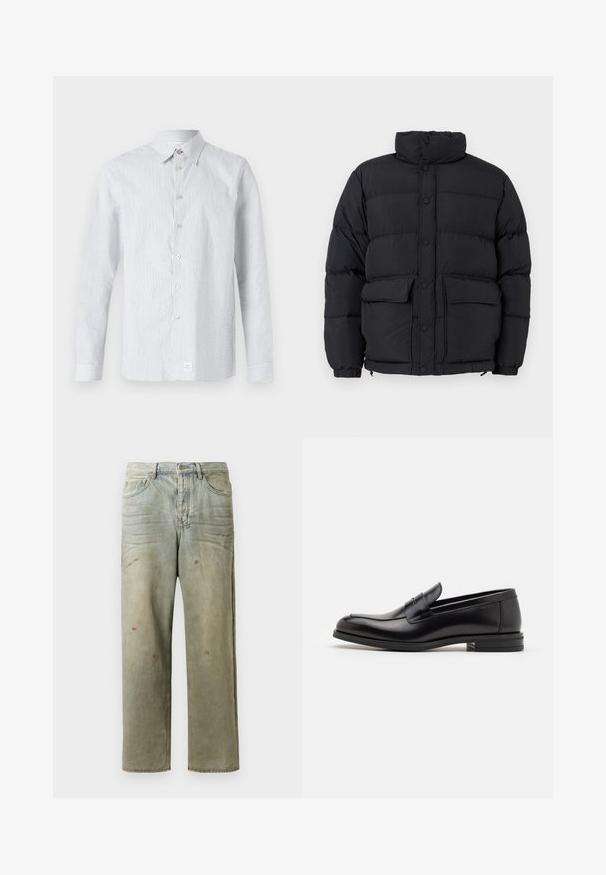 Černá prošívaná bunda s vysokým límcem, vpředu na patentky, se dvěma předními kapsami na klopu a elastickými manžetami.; Krémový svetr s kulatým výstřihem a dlouhými rukávy, s malou béžovou grafikou hlavy lišky na levé straně hrudníku, s žebrovanými manžetami a spodním lemem.; Pruhovaná košile s knoflíky v světle modré a bílé barvě. Má klasický límec, dlouhé rukávy a malou logo nášivku na lemu.; Odstřižené džíny v světle zelené barvě, se rovnými nohavicemi, pěti kapsami a nerovnoměrným vyblednutím s barevnými skvrnami.; Černé kožené polobotky s hladkou texturou, zaoblenou špičkou a zdobným páskem přes nárt. Nízký stohovaný podpatek, minimalistický design.