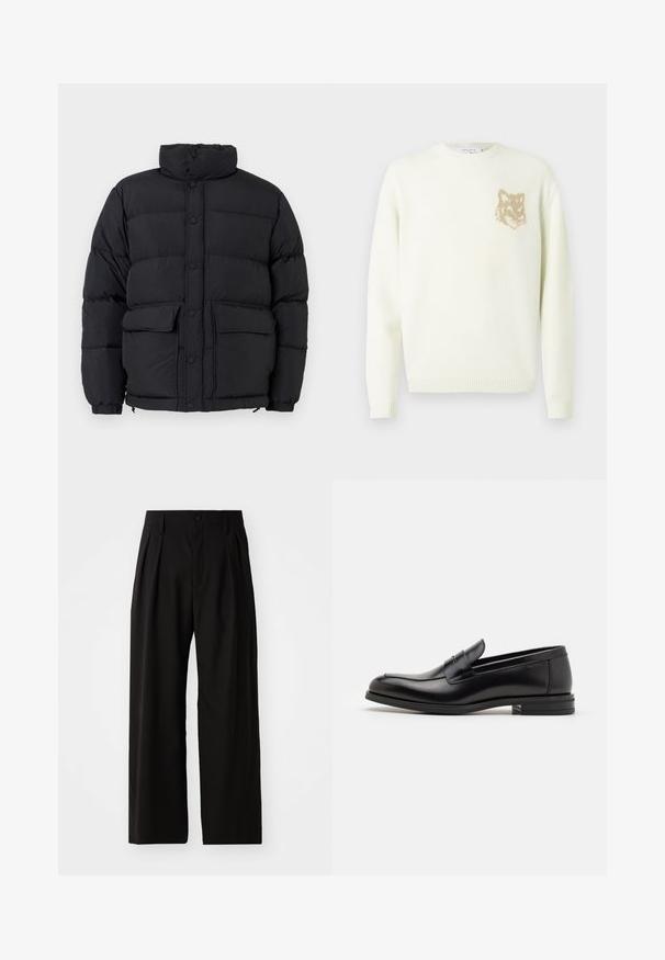 Juodas pūkuotas puffer tipo švarkas su aukštu color, spaudžių mygtukų uždarymu, dviem priekinėmis kišenėmis su sklende ir elastingomis rankogaliais.; Grietos spalvos megztinis su ilgomis rankovėmis ir mažo smėlio šviesumo lapės galvos grafika ant kairiojo krūtinės, su raibais rankogaliais ir apatine dalimi.; Juoda trumpomis rankovėmis apvalaus kaklo marškinėliai su maža išsiuvinėta oranžine lapės logo kairėje krūtinės pusėje.; Juodos plačios kelnės su sklandžiu paviršiumi, turinčios dvi priekinės raukšles, užsegimą su mygtuku ir šonines kišenes. Patvari medžiaga.; Juodos odinės loafers, turinčios lygų paviršių, apvalią noselę ir dekoratyvinę juostą per priekinę dalį. Žemas krentantis kulnas, minimalistinis dizainas.