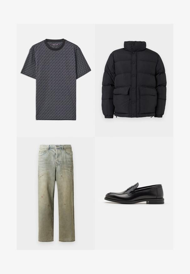 Sort polstret dunjakke med høj krave, knaplukning foran, to foran klaplommer og elastiske manchetter.; Cremefarvet crewneck sweater med lange ærmer og et lille beige rævehovedgrafik på venstre bryst, ribbede manchetter og kant.; Sort kortærmet t-shirt med et hel-tryk af geometrisk "MK" mønster, ribbet rund hals og et blødt, tekstureret stof.; Slidte denimjeans i lysegrøn med lige ben, femlommerdesign og ujævn falming med malersplatter.; Sorte læderloafers med en glat overflade, rund tå og en dekorativ strop over vampen. Lav hæl med stabeldesign, minimalistisk stil.