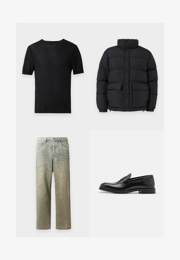 Giacca puffer nera imbottita con collo alto, chiusura anteriore con bottoni a pressione, due tasche anteriori con patta e polsini elasticizzati.; Maglione crema a girocollo con maniche lunghe e piccola grafica di testa di volpe beige a sinistra sul petto, polsini e orlo a costine.; Maglietta nera a maniche corte in tessuto leggero e morbido, con scollatura rotonda e un design semplice, senza decorazioni.; Jeans in denim strappato di colore verde chiaro, con gamba dritta, design a cinque tasche, sbiaditure irregolari e schizzi di vernice.; Mocassini neri in pelle con una texture liscia, punta arrotondata e una striscia decorativa sulla tomaia. Tacco basso impilato, design minimalista.