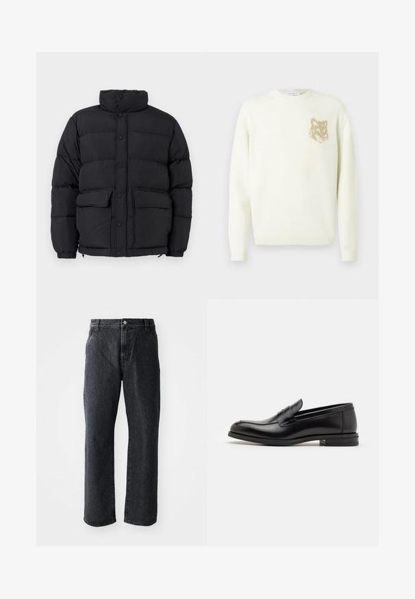 Zwarte gewatteerde pufferjack met hoge kraag, drukknopen aan de voorkant, twee voorzakken met klep en elastische manchetten.; Crème kleur crewneck trui met lange mouwen en een kleine beige voskop-graphic op de linkerkant van de borst, met ribgebreide manchetten en zoom.; Zwarte denim jeans met een rechte pijp, voorzien van een knoopsluiting, vijf zakken en een subtiele textuur. Klassiek ontwerp zonder opvallende patronen.; Zwarte leren instappers met een gladde textuur, ronde neus en een decoratieve band over de wreef. Lage, gestapelde hak en minimalistisch ontwerp.