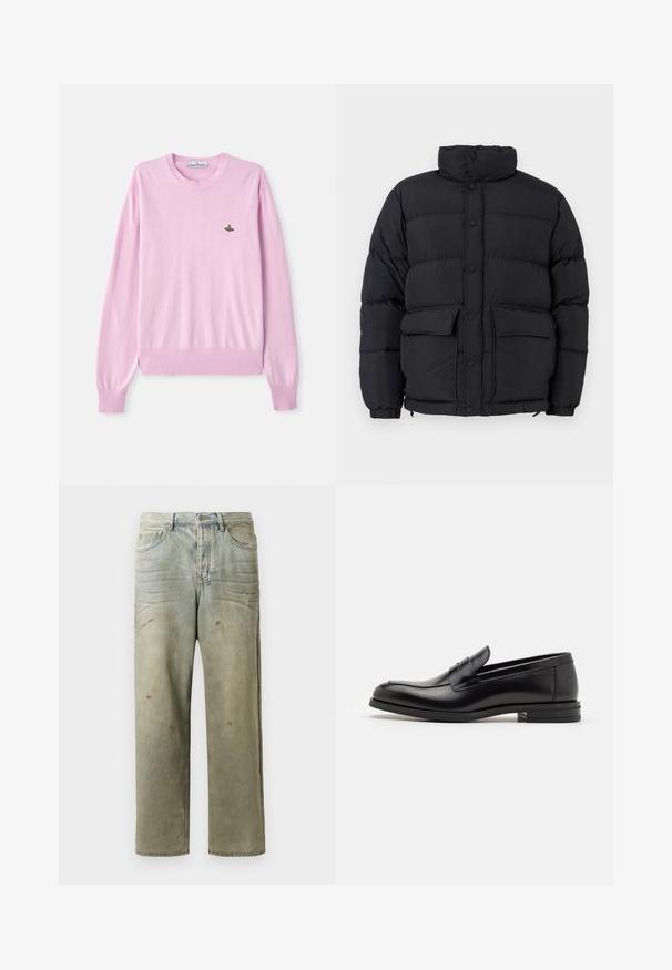 Black padded puffer jacket with high collar, snap button front closure, two front flap pockets, and elasticated cuffs.; Light pink crewneck sweater with long sleeves and a small multicolored embroidered emblem on the left chest.; Distressed denim jeans in light green, featuring a straight leg, five-pocket design, and uneven fading with paint splatters.; Black leather loafers with a smooth texture, rounded toe, and a decorative strap across the vamp. Low stacked heel, minimalist design.