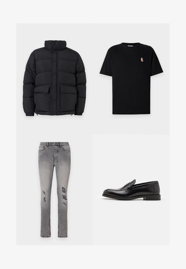 Juodas pūkuotas puffer tipo švarkas su aukštu color, spaudžių mygtukų uždarymu, dviem priekinėmis kišenėmis su sklende ir elastingomis rankogaliais.; Juoda trumpomis rankovėmis apvalaus kaklo marškinėliai su maža išsiuvinėta oranžine lapės logo kairėje krūtinės pusėje.; Pilkos džinsinės kelnės su siauru siluetu ir nedideliu elastingumu. Yra dėvėti lopai keliuose ir klasikinis penkių kišenių dizainas.; Juodos odinės loafers, turinčios lygų paviršių, apvalią noselę ir dekoratyvinę juostą per priekinę dalį. Žemas krentantis kulnas, minimalistinis dizainas.